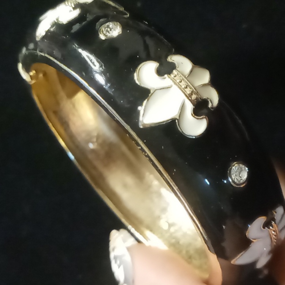 Nacol fleur de lis black & white enamel  clamper cuff bracelet in gold